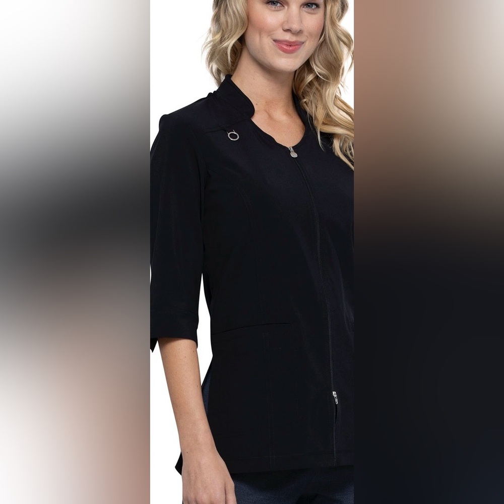 Infinity Scrub Tunic, Zip Front Mandarin Collar, Half Sleeve, Stretch Back Panel